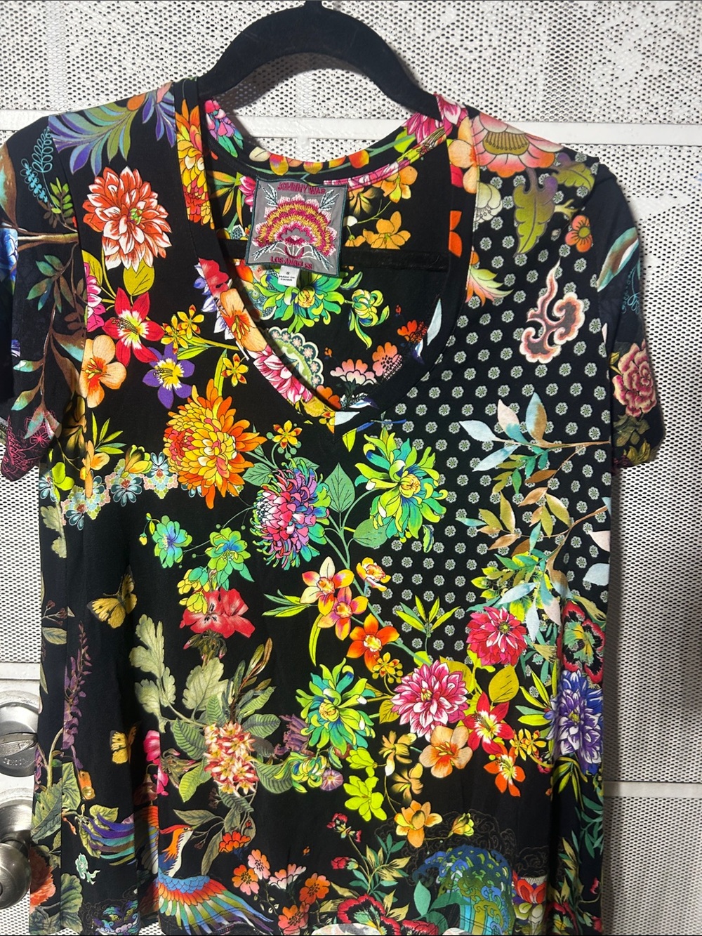 Johnny Was Black Short Sleeve V-Neck Floral Patchwork Top
